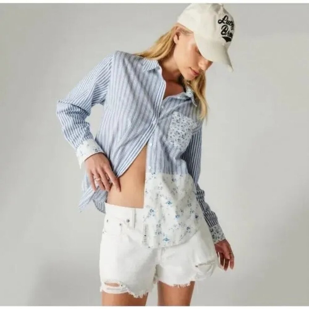 Laura Ashley x Lucky Brand Patchwork Boyfriend Button Down Shirt